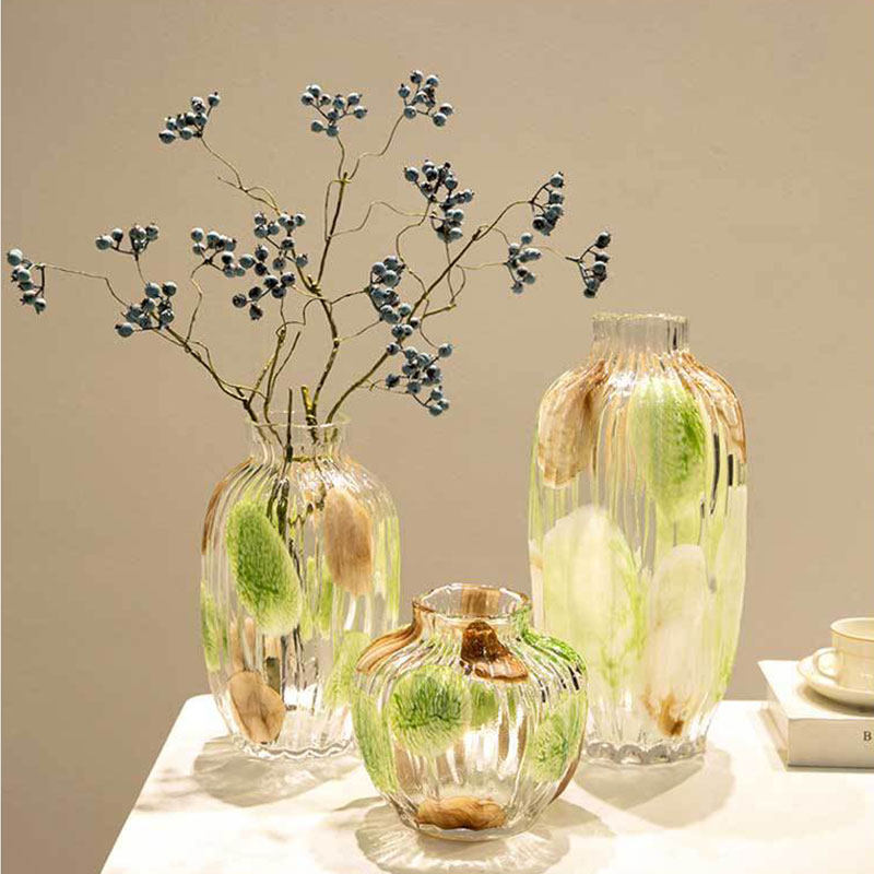绿色小清新网红水晶玻璃鹅卵石色斑花瓶餐桌仿真浆果摆件水培器皿