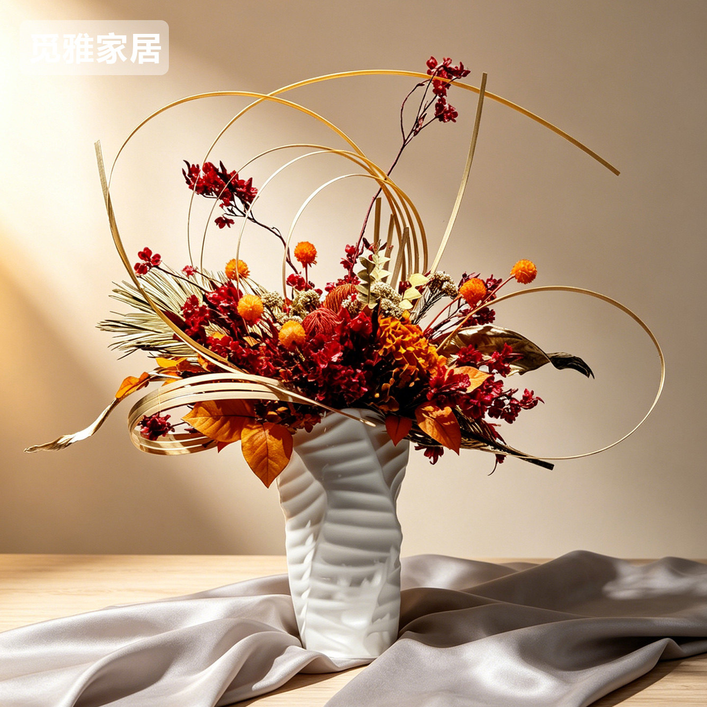 轻奢艺术线条仿真花摆件现代样板间桌面白色浮雕花瓶花艺软装摆设