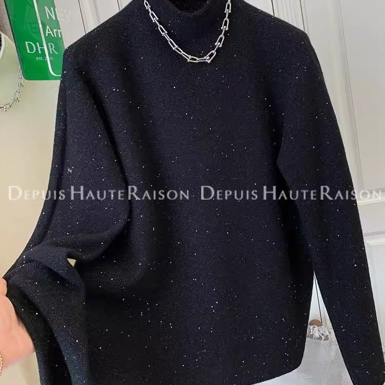 大码胖MM黑色高领亮片保暖毛衣女秋冬款宽松洋气高级感针织衫上衣