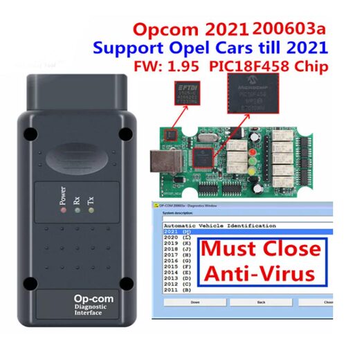 OP COM 2021 200603a OPEL FT232RQ PIC18F458 OPCOM V1.95