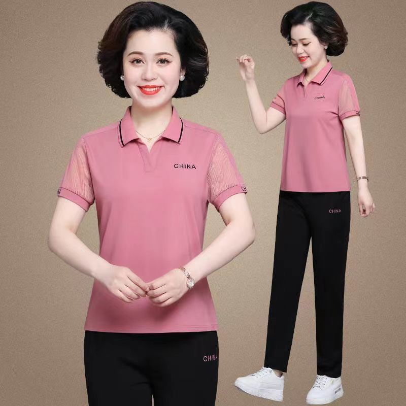 母亲节衣服妈妈夏装短袖t恤中老年休闲运动服套装女中年夏季上衣