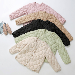 2025秋冬季小香风女款无领内胆轻薄羽绒服女薄款V领菱格保暖外套