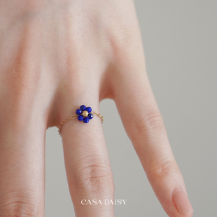 「克莱因蓝」天然青金石小花戒指女小众14k包金手工指环可调节