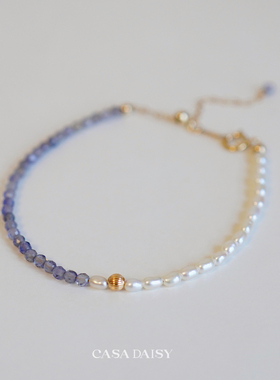 「鸢尾」天然水蓝宝石淡水珍珠14k包金手链女小众设计感手饰礼物