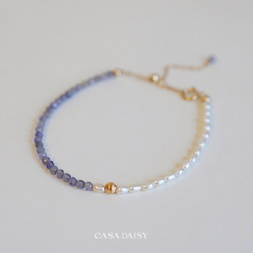 「鸢尾」天然水蓝宝石淡水珍珠14k包金手链女小众设计感手饰礼物