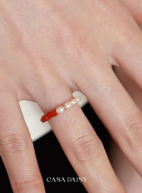「小满」天然红玛瑙珍珠戒指女小众设计感手工食指尾戒新年礼物