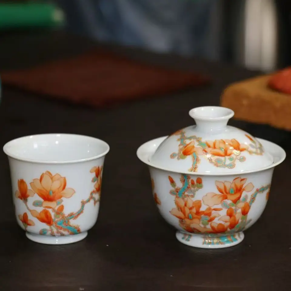 庆茗堂景德镇茶器手工手绘绿彩矾红玉兰花主人杯盖碗壶承三件套