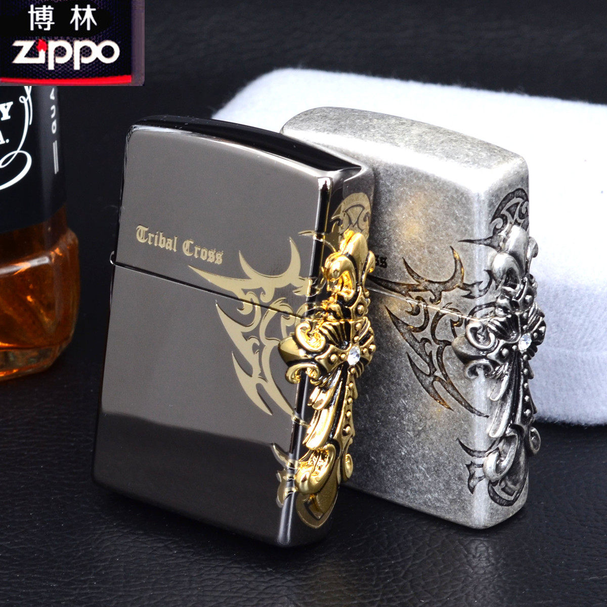 原装zippo打火机 正品限量版 黑冰/古银侧面十字架 正版超薄zippo
