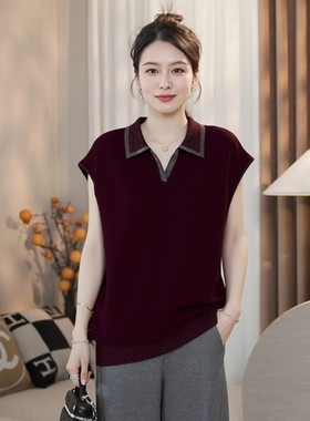 女士高级感气质翻领薄款短袖大码胖mm夏高端品牌polo领冰丝针织衫