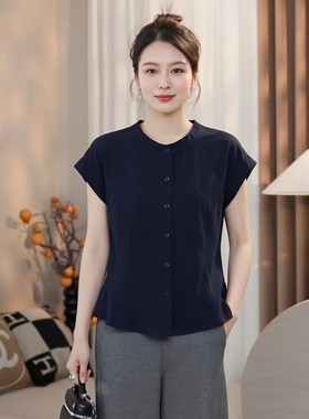 200斤女士减龄休闲冰丝小衫大码胖mm夏季品牌天丝麻短袖开扣上衣