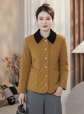 200斤女加肥休闲菱格棉服秋冬大码胖mm品牌保暖夹棉翻领夹棉外套