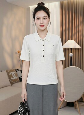 天丝针织polo衫女短袖夏季薄款奶奶装翻领大码胖mm高品质t恤上衣