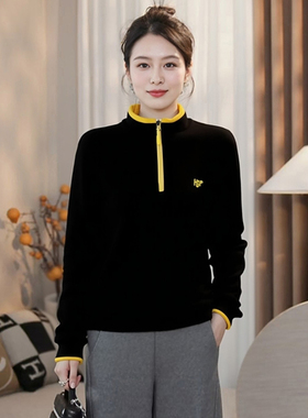 半拉链薄绒打底衫无帽长袖上衣大码胖mm品牌双面德绒卫衣秋冬立领