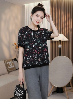 高品质短袖t恤女碎花中老年妈妈t恤小衫大码胖mm宽松奶奶提花上衣