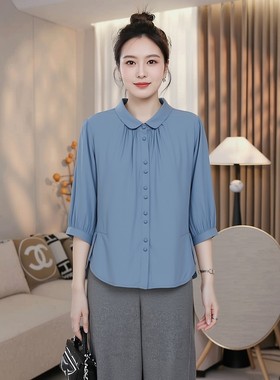 早秋春夏季翻领薄款宽松七分袖上衣大码胖mm高端天丝亚麻衬衫女款