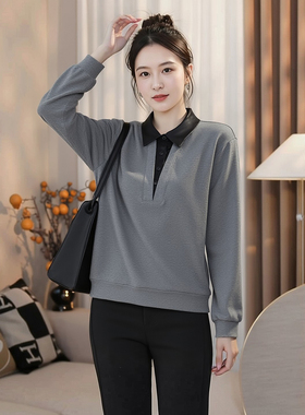 打底衫中年加绒卫衣秋冬大码胖mm纯棉妈妈磨毛polo领假两件t恤女