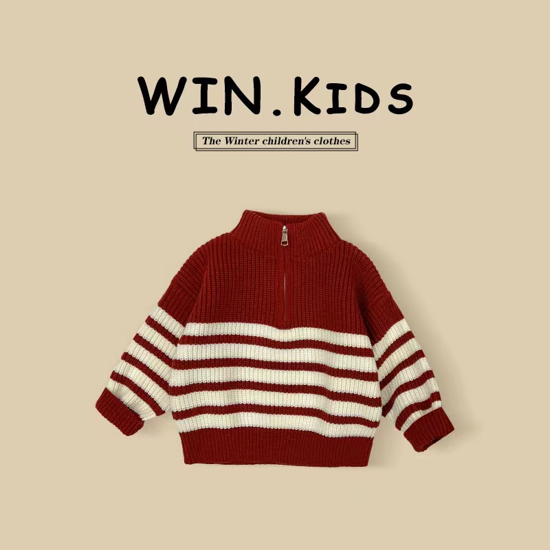 新年洋气红色条纹毛衣上衣童装秋冬款宝宝儿童毛线衣男宝针织衫潮