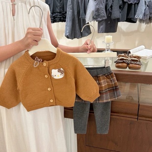 【现货】女童秋冬套装橘色kt猫毛衣开衫韩系格子假两件裤子两件套