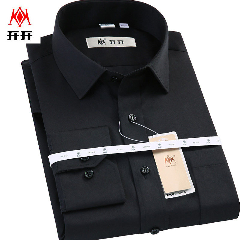 开开衬衫秋季男士纯黑色长袖正装商务休闲中年男装纯黑色上班衬衣