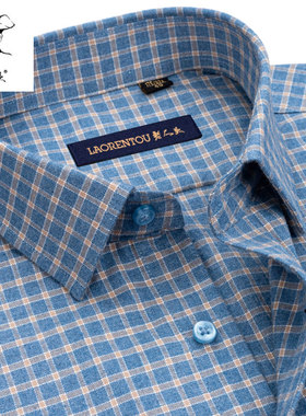 老人头纯棉衬衫男士长袖秋季中年男装蓝色格子全棉爸爸装宽松衬衣