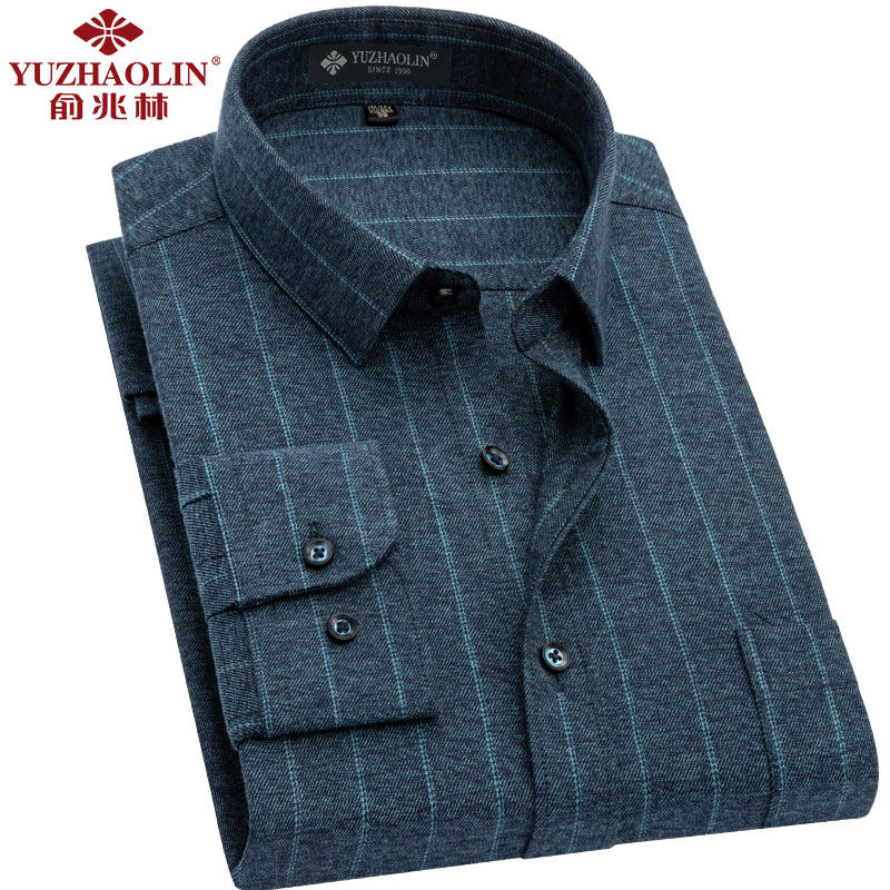 俞兆林衬衫男士长袖全棉磨毛方格子中年宽松加大加肥大码纯棉衬衣