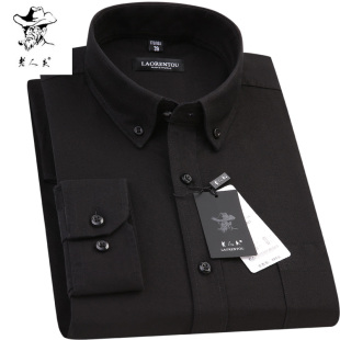 全棉休闲纯黑色爸爸装 秋中青年男士 衬衣 衬衫 老人头纯棉牛津纺长袖