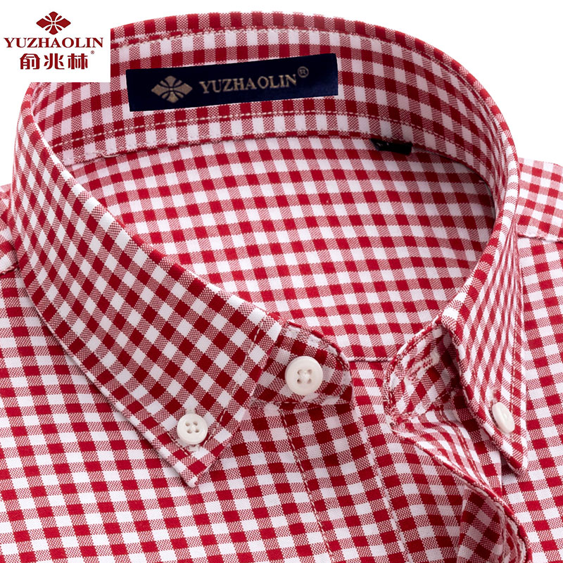 俞兆林短袖衬衫夏休闲纯棉红色格子青年男装薄款学生全棉半袖衬衣