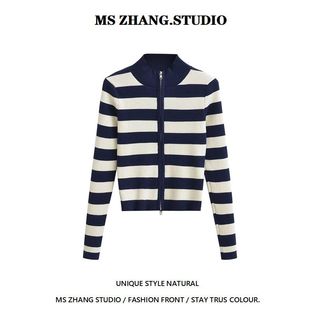bm风美式复古小立领条纹双拉链长袖修身高腰短款针织衫毛衣外套女