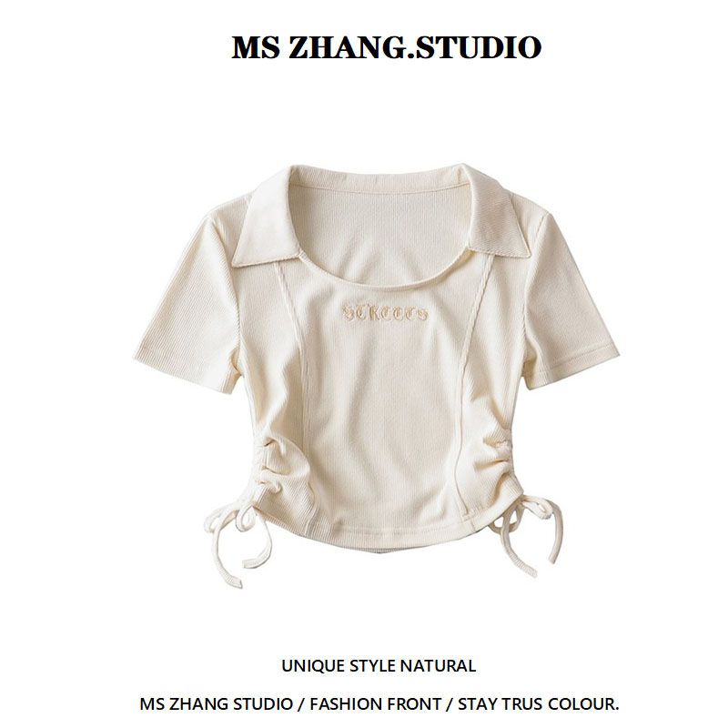欧美复古辣妹风翻领字母刺绣绑带收腰短袖修身显瘦短款T恤上衣女