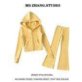 加绒短款 套装 拉链连帽卫衣开衫 低腰休闲瑜伽微喇运动裤 外套 美式