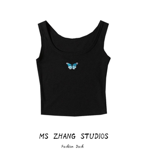 bm风蝴蝶刺绣无袖 外穿背心女性感显胸高腰打底上衣可爱小吊带 修身