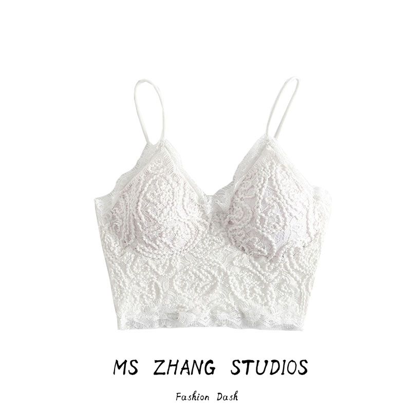 法式少女甜美蕾丝花边性感V领带胸垫收腰气质减龄短款吊带背心女