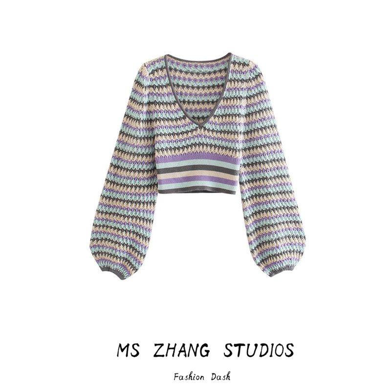 21秋季新款条纹针织衫V领高腰短款灯笼袖宽松慵懒风套头毛衣上衣