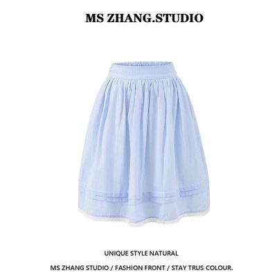 BM风蓝条纹蕾丝高腰A字半身裙