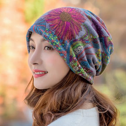 花朵帽子女秋冬天韩版保暖休闲套头帽两用帽围脖套护耳帽包头帽