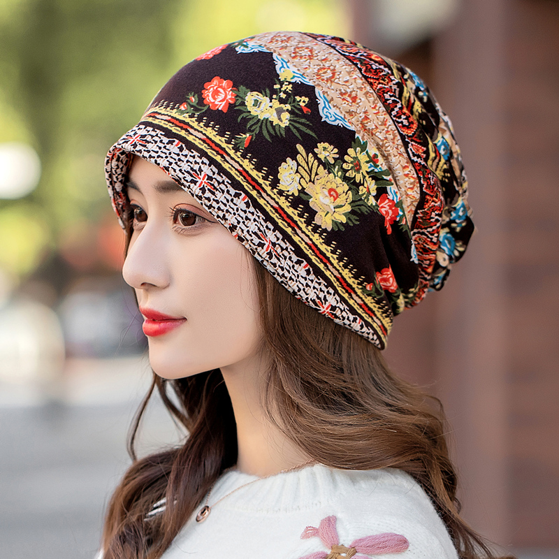 乔志帽子女士秋冬韩版头巾帽包头套头帽花朵马尾帽空调帽两用围脖