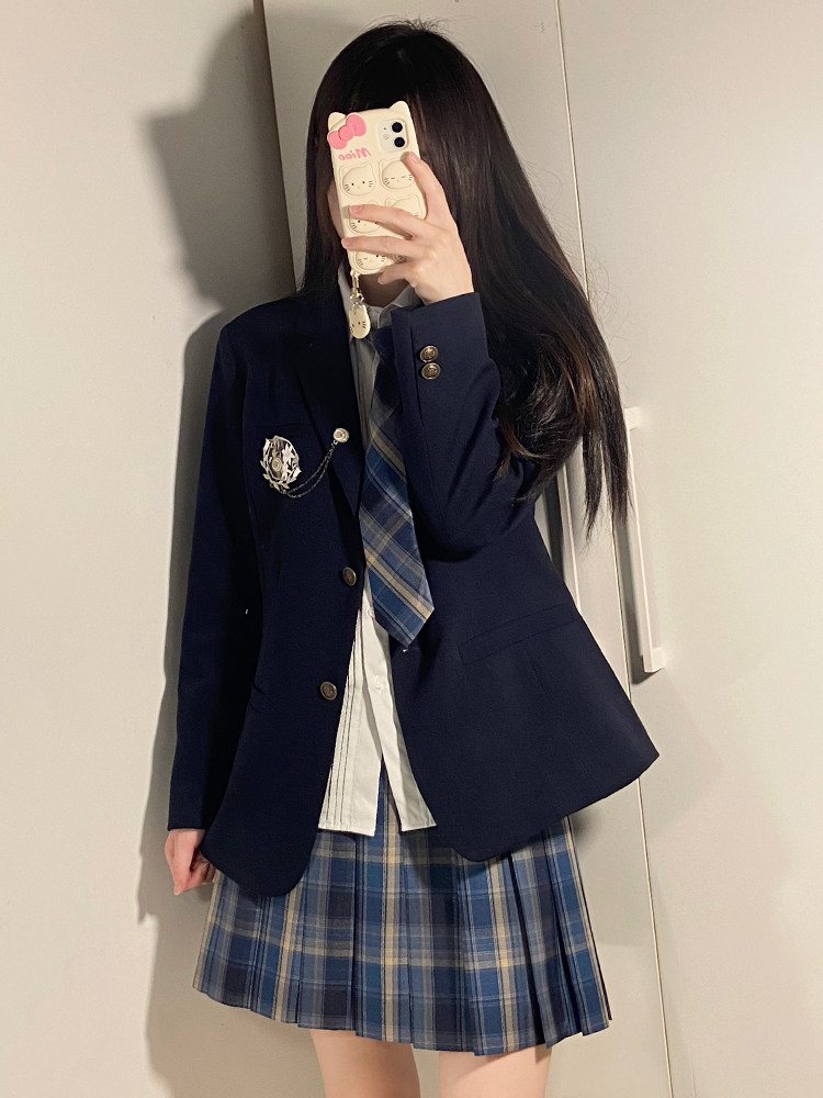 [ICE CREAM AND WHALE]ORIGINAL JK UNIFORM-MIST WHALE BRITISH STYLE JK CHECKERED SKIRT BLUE CHECKERED