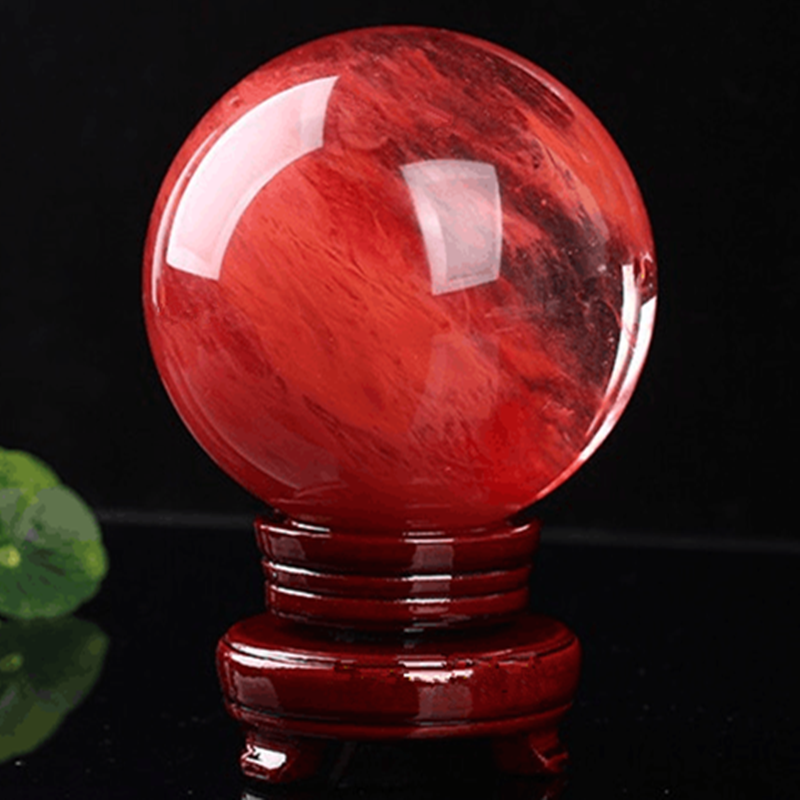 天然红水晶球摆件红色水晶球客厅办公玄关家居装饰品熔炼水晶球
