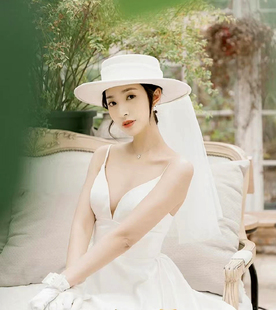 新娘礼帽头纱复古法式优雅羊毛呢简约旅拍草地户外婚礼帽头纱帽