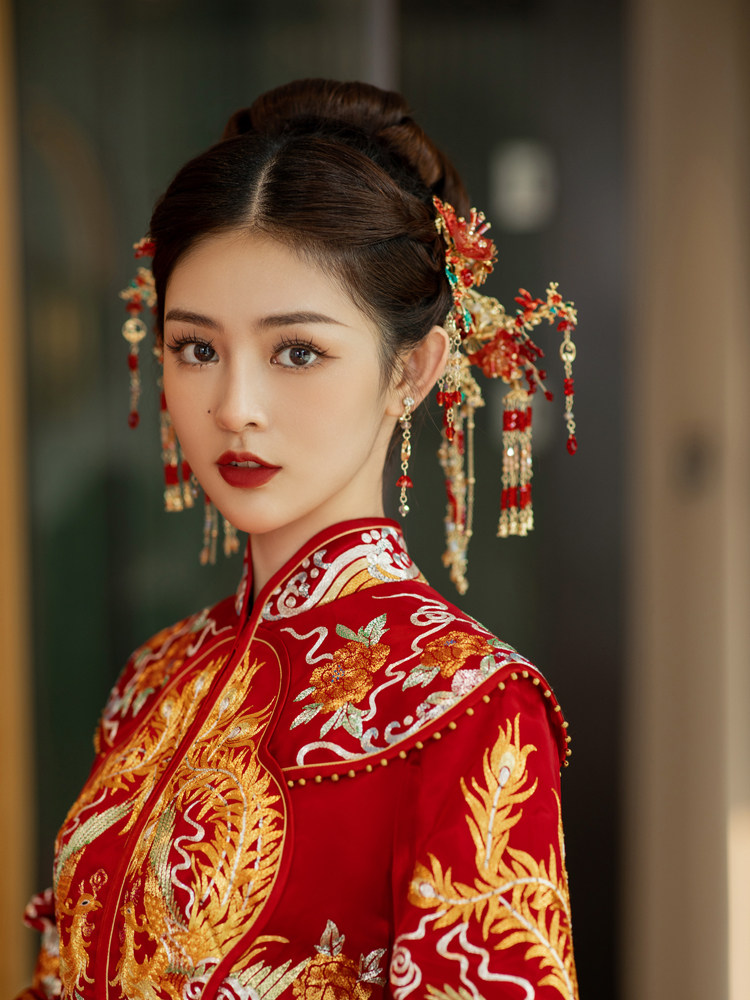 新娘复古红色琉璃花朵结婚头饰简约中式婚礼秀禾服造型配饰品