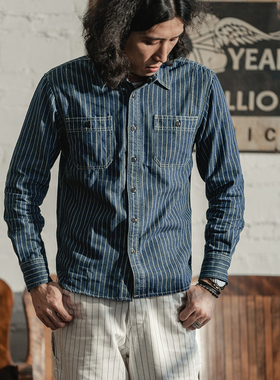 NON STOCK 条纹长袖工装衬衫WABASH男士拔印波点复古衬衣咔叽