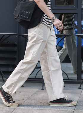 恶犬BRONSON 原胚布USN白色人字纹甲板裤男米白色HBT工装直筒长裤