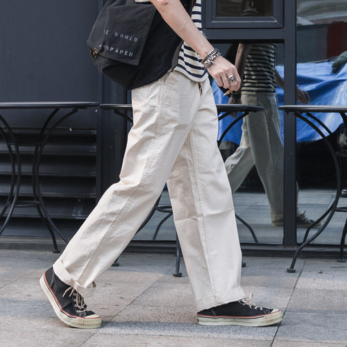 恶犬原胚布usn白色人字纹休闲长