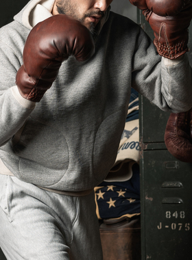 恶犬BRONSON LOCK HOOD重磅麻灰色拳击套头帽衫 纯棉加厚毛圈卫衣