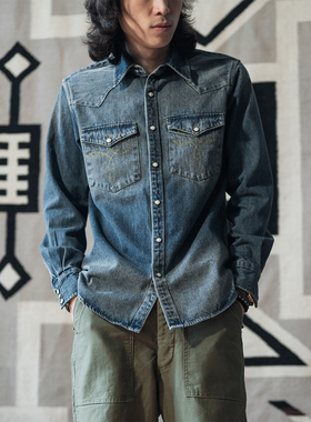 NON STOCK 怀旧洗水蓝色西部牧场牛仔衬衫 复古长袖厚丹宁布衬衣