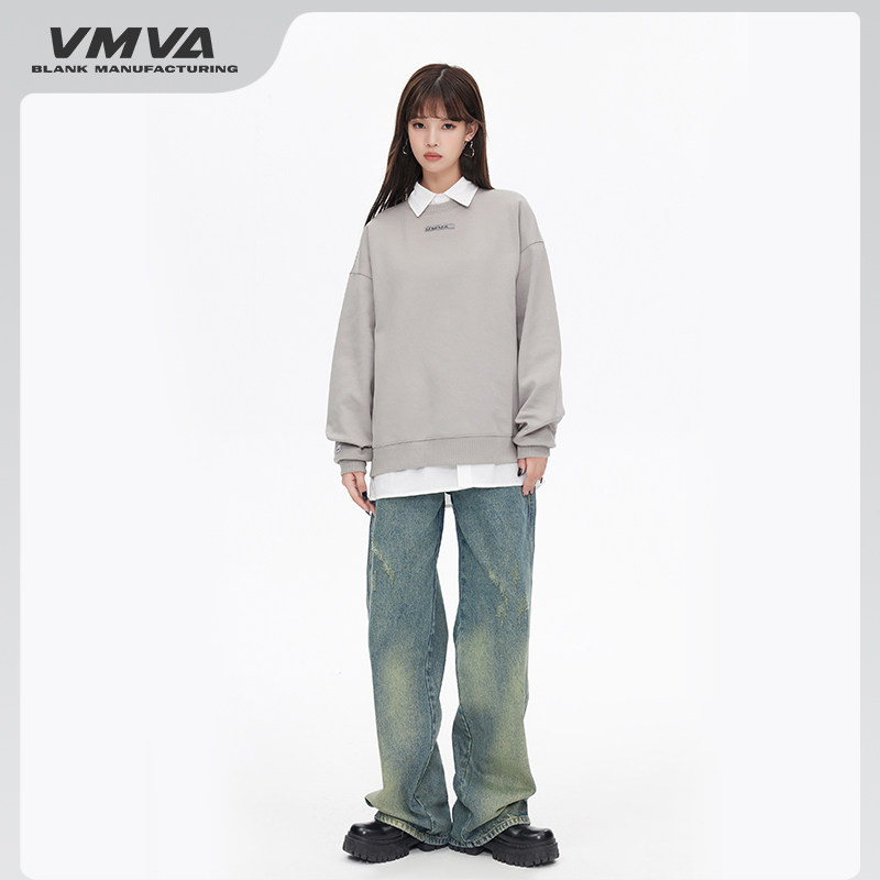 VMVA 潮牌基础圆领LOGO字母印花男女情侣装背后印花长袖套头卫衣