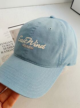 25新款春夏浅蓝色帽子女潮流软顶韩国原版定制棒球帽全棉鸭舌帽男