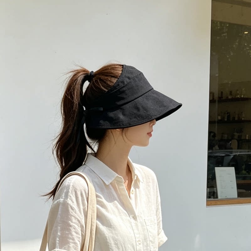 夏天防晒空顶帽女大檐遮阳帽可折叠调节舒适棉麻防紫外线太阳帽