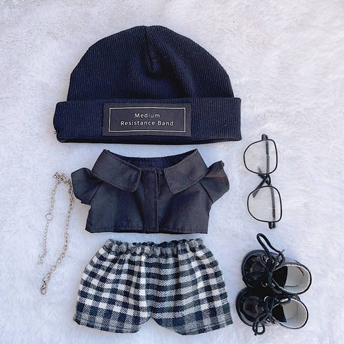 现货20cm潮男娃衣冷帽酷黑衬衫送项链棉花娃娃衣服无属性胖体换装