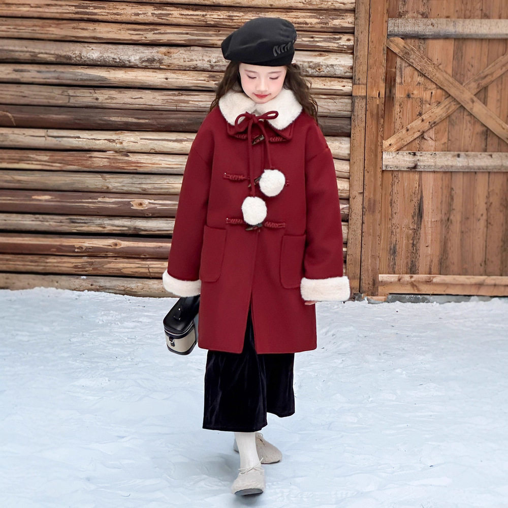 女童红色毛呢外套2025秋冬新款女孩呢子大衣中长款宝宝加厚拜年服